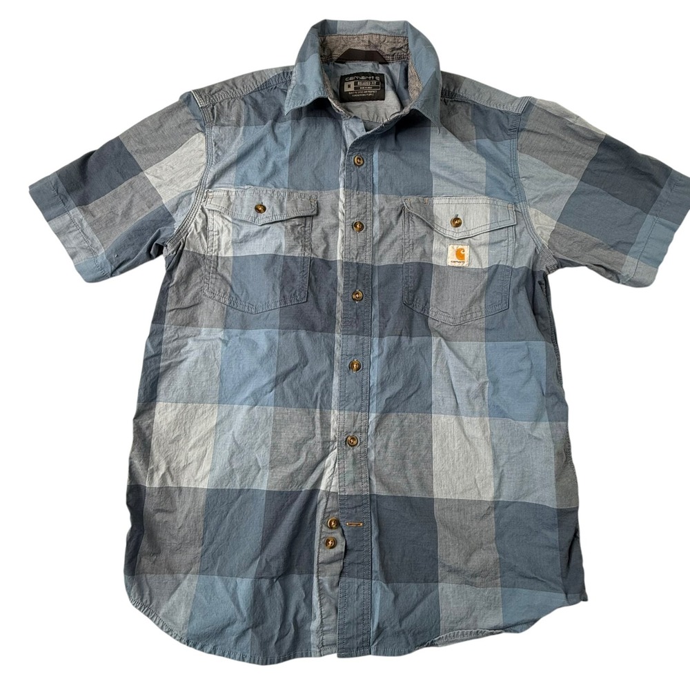 Carhartt‎ Mens Button Up Shirt Size Medium Blue Plaid Rugged Flex Relaxed Fit